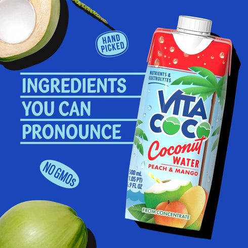 16.9 Oz (Pack 12) Vita Coco Coconut Water, Peach & Mango - Naturally Hydrating Electrolyte Drink - Smart Alternative