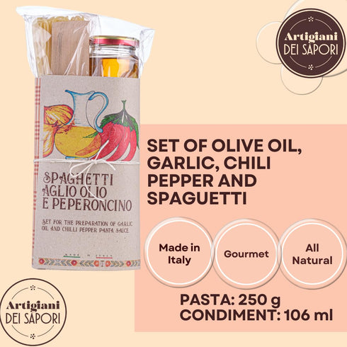 Set 15.5 oz Artigiani dei Sapori Spaghetti Pasta Gift with Garlic, Oil & Chili Pepper Sauce, Authentic Italian Gourmet