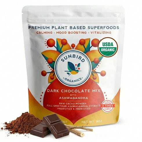 Sunbird Organics Dark Chocolate Ashwagandha Mix- Organic Cacao Powder with Probiotics and