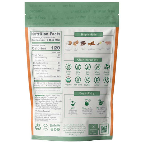 9.52 oz. Bare Life: Dairy Free Pumpkin Spice Hot Cocoa Mix Pouch | Gluten Free, Vegan, USDA Organic, Plant Based