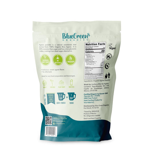 0.77 lb BLUE GREEN ORGANICS Organic Agave Sugar (Powder Form) Low Glycemic Sweetener Alternative Keto, Vegan, Gluten