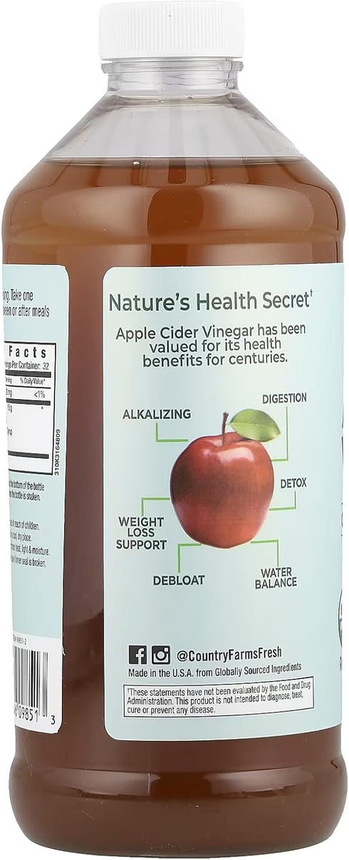 Country 16 Oz. Farms Organic Apple Cider Vinegar Tonic, Cleanses and Detoxifies, Helps Balance Fluids, Supports