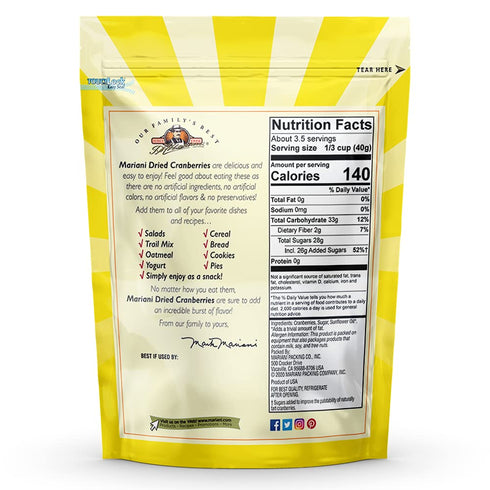 5oz (Pack 4) Mariani Dried Cranberries - Gluten Free, Vegan, No Preservatives - Healthy Snacks for Kids & Adults, Bag