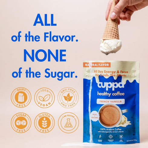 (6 Cuppa French Vanilla Coffee - Great tasting medium roast with mushrooms, adaptogens & superfoods - Lion's Mane