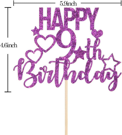 Purple Glitter Happy 9th Birthday Cake Topper for Children's Birthday Party Cake Decorations