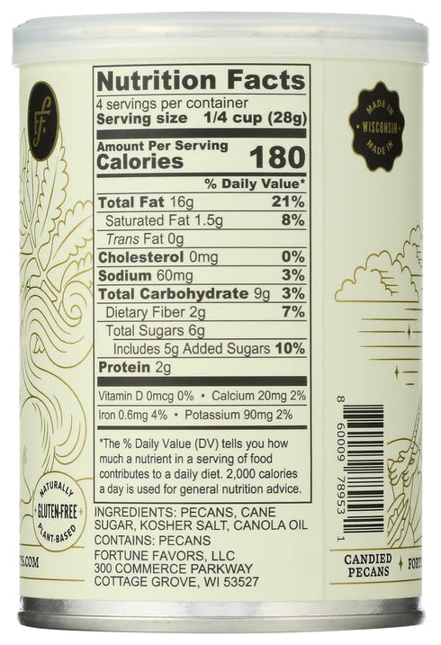 (4oz, Fortune Favors Candied Pecans, Sweet and Salty Snack, Hand Crafted in Small Batches, USA-Grown Classic)