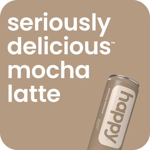 11 oz. 12 pack, 100% happy coffee canned mocha latte, cans, notes of cocoa & elation, arabica beans, no artificial