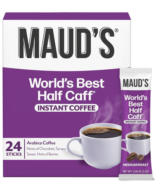 Maud's Half Caffeine Instant Coffee, 24 ct, 100% Arabica Medium Roast, Instant Hot or Iced Coffee - Just Add Water
