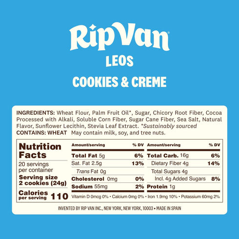 40 (10 Packs 1.69oz) Rip Van LEOs - Cookies and Cream Sandwich Cookies - Low Sugar Snack Cookies - Low Carb Snack