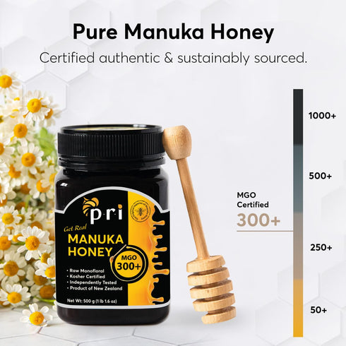 300+, 100% (500g/1.1lb) P.R.I Manuka Honey MGO ElevatedPotency Monofloral New Zealand Honey, CoolProcessed & Traceable