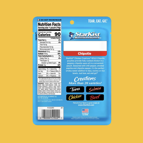 (2.6 oz 12 Pack) StarKist Chicken Creations BOLD Chipotle Pouch - Fully Cooked High Protein White Meat, No Draining