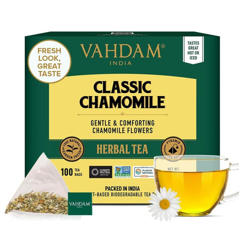 VAHDAM, Chamomile Herbal Tea (100 Pyramid Tea Bags) Resealable Ziplock Pouch |
