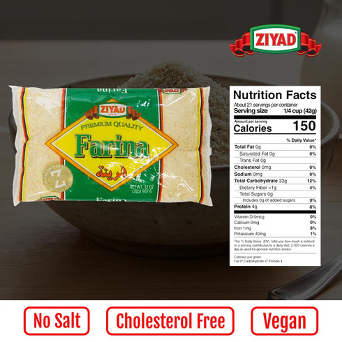 30 32oz Ziyad Premium Quality Farina Finely Ground, Smooth Wheat Cereal High Fiber, No Cholesterol/Salt
