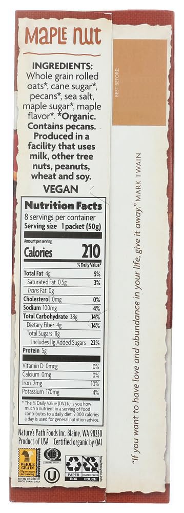 8 Packets, 50 2pcs Nature's Path, Organic Instant Hot Oatmeal, Maple Nut, g Each