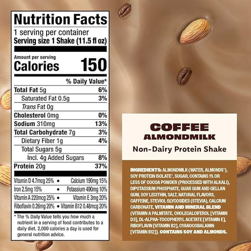20g 5g 11.5 oz, 12 Count Premier Protein Non-Dairy Plant Based Almondmilk Protein Shake, Coffee with Caffeine