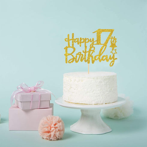 Gold Glitter Happy 17th Birthday Cake Topper - 17 Cake Topper for 17th Birthday Party Decorations