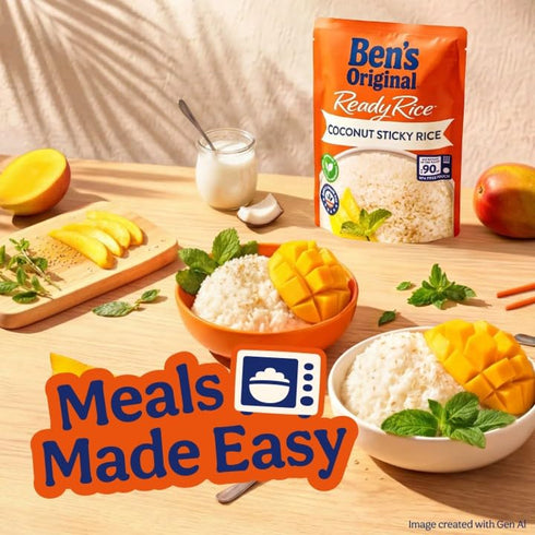8.5 oz (Pack 12) BEN'S ORIGINAL Ready Rice Coconut Sticky Rice, Easy Dinner Side, Pouch