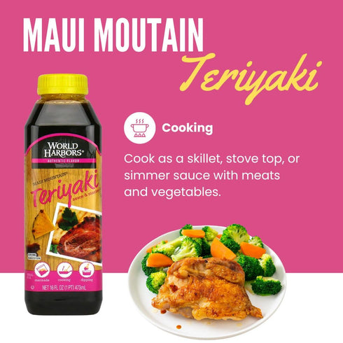 16-Fl Oz (Pack 2) World Harbors Maui Mountain Teriyaki Sauce & Marinade Perfect for Fish, Chicken, Beef, Pork, Wings