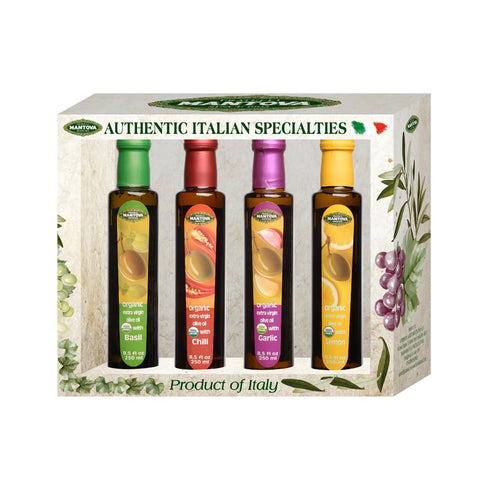 Mantova Organic Flavored Extra Virgin Olive Oil Variety Pack Garlic, Basil, Chili,