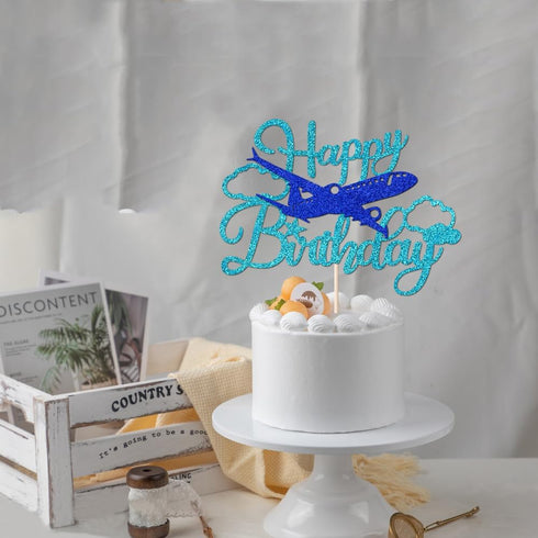 Glitter Airplane Happy Birthday Cake TopperAirplane Birthday Party Decorations,Adventure Awaits,Boys Girls Men Plane