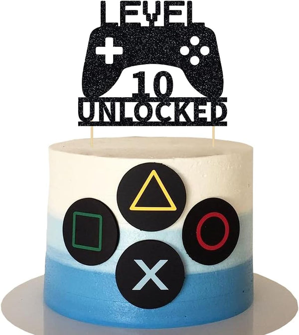 Level 10 Unlocked Cake Topper, Game Controller Cake Topper for 10th Birthday Party Decoration