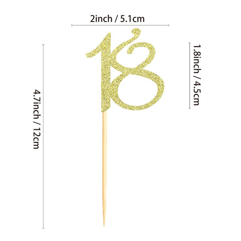 Sumerk 24PCS Gold Glitter 18 Cupcake Toppers for 18th Birthday Anniversary Party Decorations
