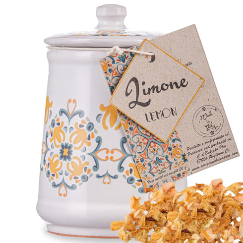 Italian Gifts Lemon Peel Granules in Handmade Ceramic Jar, Lemon Zest and Rind, Herb, Spice & Seasoning Gifts, Italy