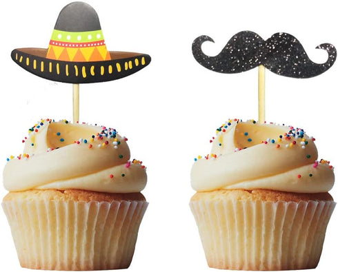 Morndew 24 PCS Sombrero Mustache Cupcake Toppers - Decorations for Mexican Fiesta Themed Party, Birthday, Baby Shower
