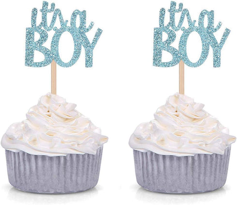 Blue Glitter It's a Boy Cupcake Toppers for Gender Reveal Party Baby Shower Decorations - Set of 24