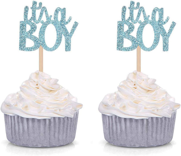 Blue Glitter It's a Boy Cupcake Toppers for Gender Reveal Party Baby Shower Decorations - Set of 24