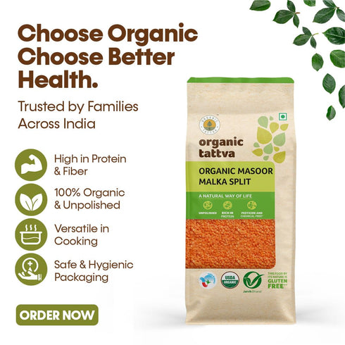 500gms, Organic Tattva Masoor Dal Malka Split Red Lentils for Everyday Cooking Masoor Dal, Soups, and Indian Meals
