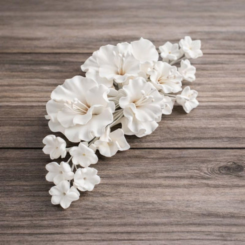 1 Count Sugar Blossom Cake Spray Gumpaste Flowers for Cake Decorating White Cherry Blossoms with Green Leaves by Chef