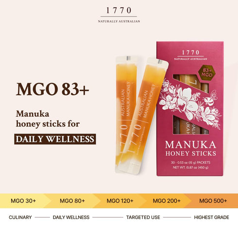 1770 83+ 30 15g, Naturally Australian MGO Manuka Honey Sticks x Organic Honey for Tea, Yogurt, & Travel Snacks