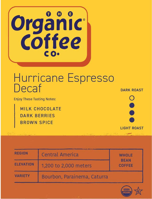 2LB (32 Organic Coffee Co. DECAF Hurricane Espresso Whole Bean Coffee Ounce) Medium Dark Roast Natural Water Processed