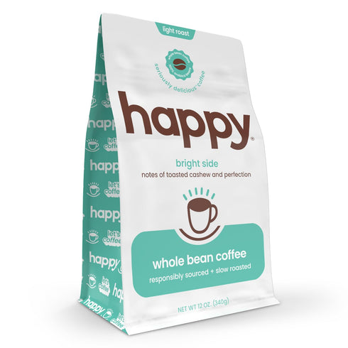 12 oz., happy coffee bright side light roast whole bean coffee, notes of cashew & perfection, responsibly grown