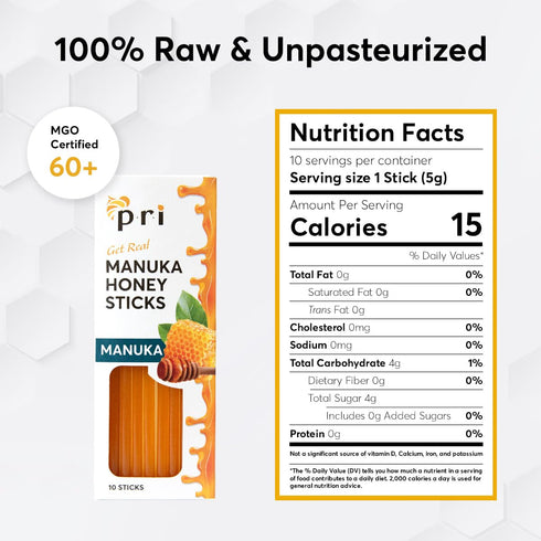 P.R.I Manuka Honey Sticks, Certified MGO 60+, Raw New Zealand Manuka Honey, 10ct, Perfect for On-the-Go