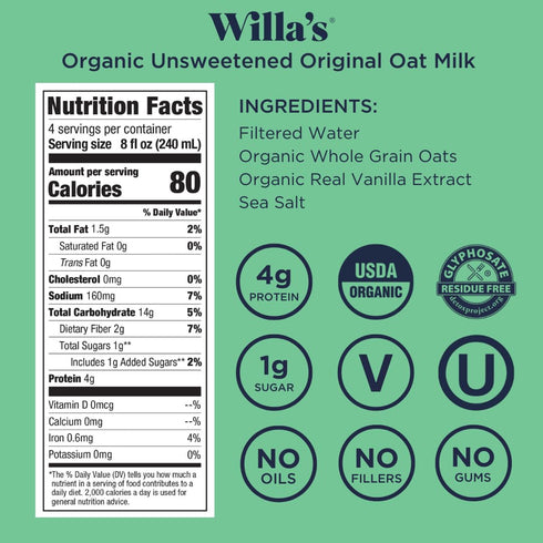 8.25 oz 1 Pack Willa's Organic Oat Milk - Unsweetened Original Oatmilk, Non-GMO, Bobby Approved, Shelf Stable, Low