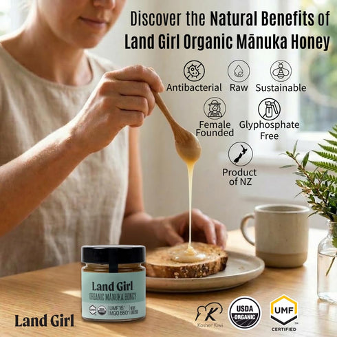 Land Girl 15+, 550+, 8.8 oz Organics New Zealand Raw Premium Manuka Honey | Monofloral, USDA Certified Organic