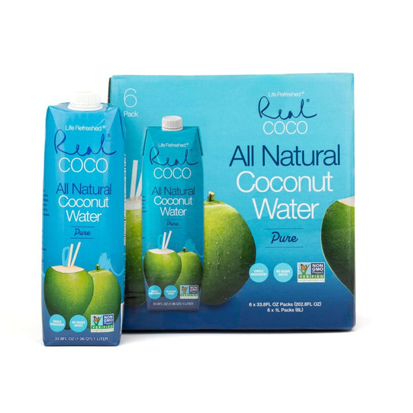 Real Coco All Natural Pure Coconut Water (6-Pack 1L), Single Ingredient, No