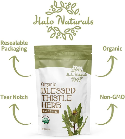 Halo Naturals 4 Packaged Organic Blessed Thistle Herb Cut & Sifted, Ounces (Cnicus benedictus) USDA Certified |