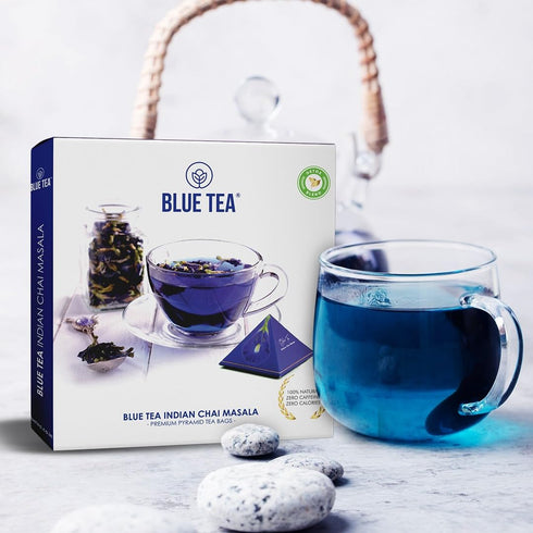 BLUE TEA Indian Chai Masala - 12 Count Pyramid Plant Based Tea Bag | Butterfly Pea Flower & Indian Spices | Caffeine