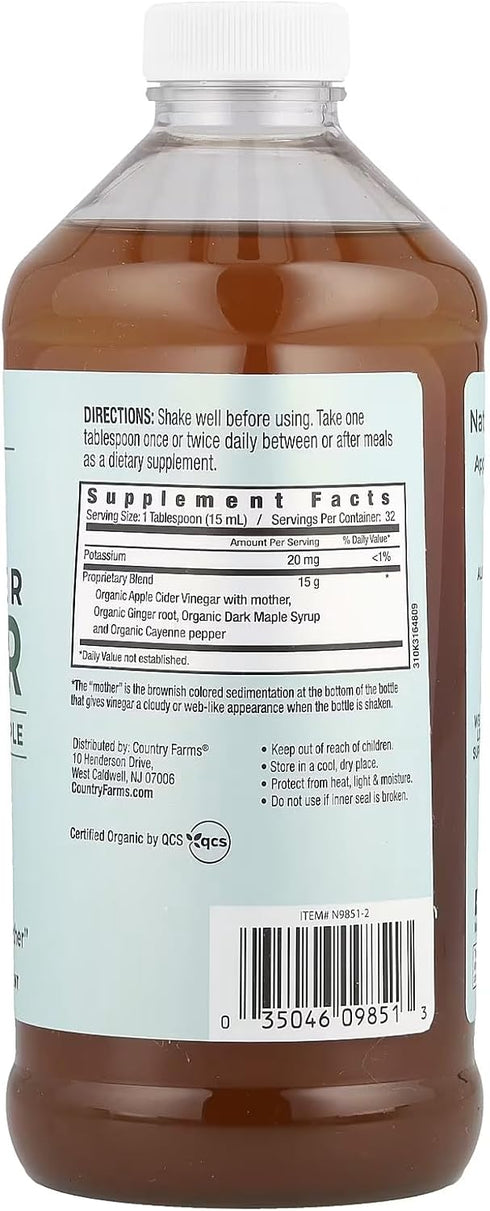 Country 16 Oz. Farms Organic Apple Cider Vinegar Tonic, Cleanses and Detoxifies, Helps Balance Fluids, Supports