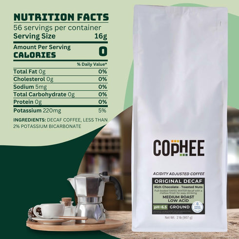 COpHEE Pack 6.5 32 oz Low Acid Coffee - Decaf - Bulk - Ground Medium Roast - Smooth Non-GMO Arabica Coffee