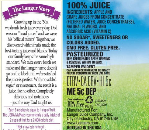 100% 64 Oz (Pack 8) Langers Juice with Vitamin C, Apple Grape, Fl