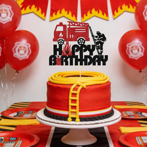 Firefighter-Themed Glitter Fire Truck Cake Topper for Kids' Birthday Parties
