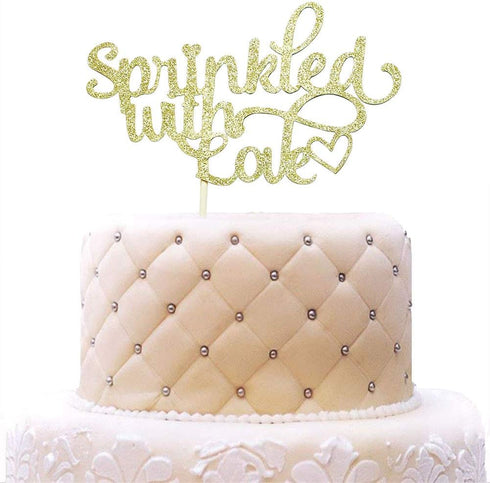 Sprinkled with Love Cake Topper for Baby Shower, Wedding, Birthday Party Decorations, Gold Glitter