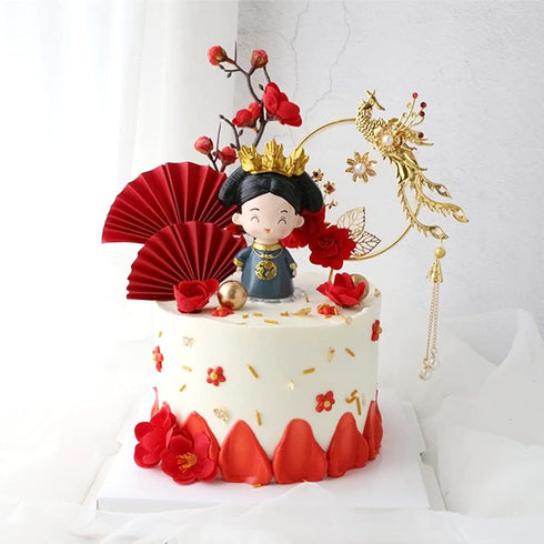 Traditional Chinese Wedding Cake Toppers, Set of 7 with Queen Figurine, Plum Blossom, Phoenix, and Doll Base