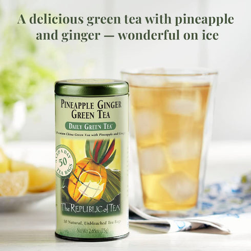 50 The Republic of Tea Pineapple Ginger Daily Green Tea, Tea Bag Tin