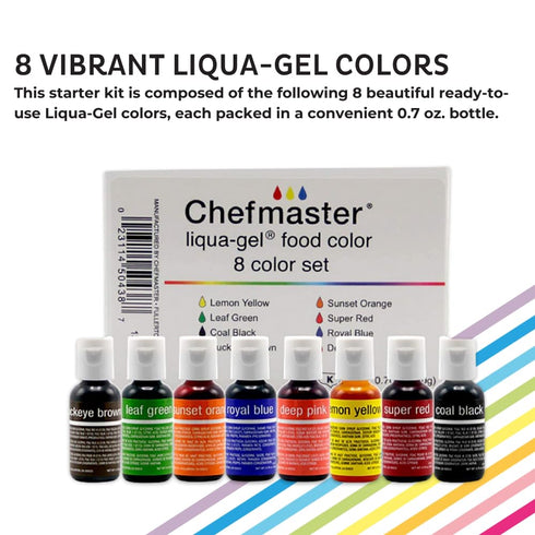 8 Pack Chefmaster - Liqua-Gel Food Coloring - Fade Resistant Food Coloring - - Vibrant, Eye-Catching Colors
