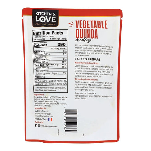 8 Oz, 6-Pack Kitchen & Love Vegetable Quinoa Medley, Pre Cooked, Microwave Ready Pouch, Shelf Stable, Non Gmo, Gluten
